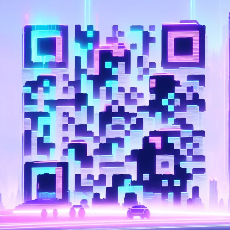 AI QR code variation - neon cityscape theme with vibrant colors