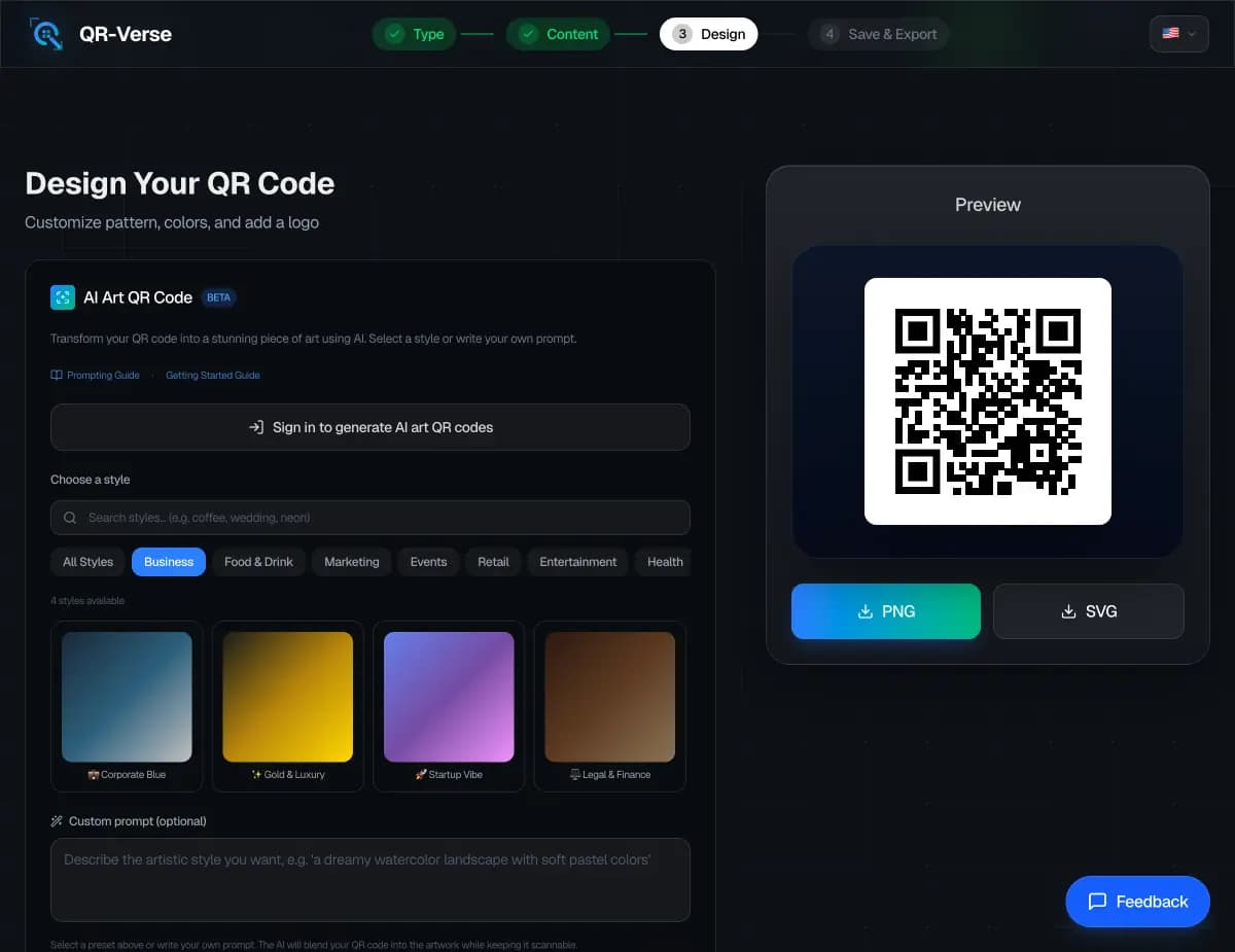 QR-Verse AI Art Generator interface - the AI Art panel in the Customize step