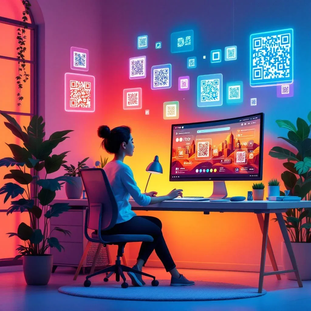 Creative professional working with the AI assistant to design beautiful QR art — holographic QR code designs floating above a modern workspace