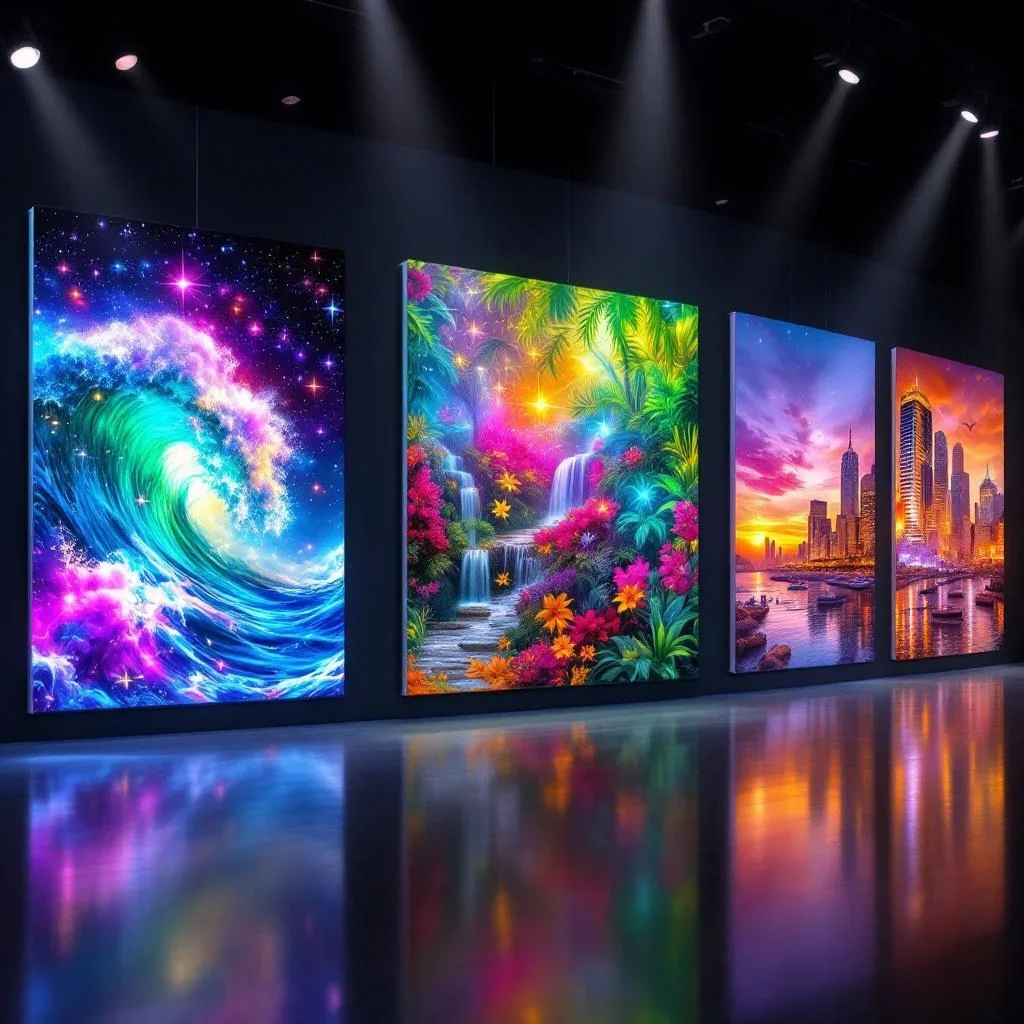 A gallery of stunning AI-generated QR art styles — cosmic waves, tropical gardens, and sunset cityscapes in vibrant colors