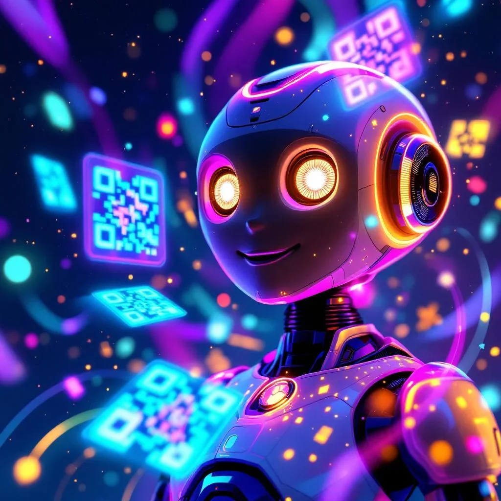 QR-Verse AI Assistant — a friendly AI robot surrounded by colorful holographic QR codes in a vibrant cosmic setting