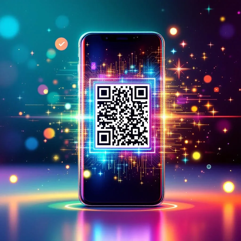 AI-powered smartphone scanning and analyzing a QR code with colorful holographic effects — quality verification in action